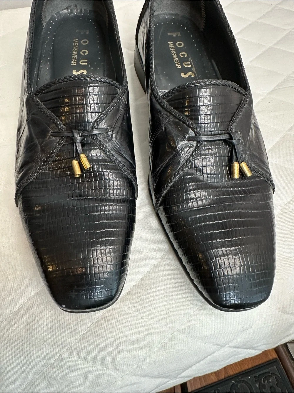 Focus Mens Size 8 Vintage Patent Black Leather Slip-On Dress Loafers Shoes